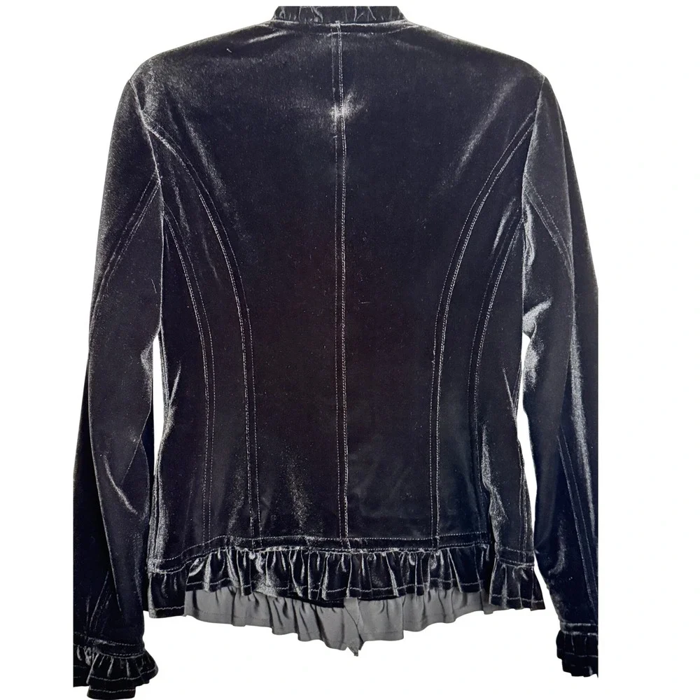INC Black Velvet Goth Romantic Ruffle Blazer M Jacket Equestrian Riding Fairy - Picture 15 of 16